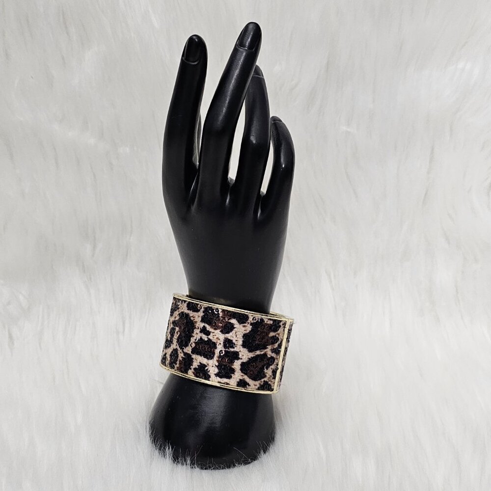 Vintage Animal Print Y2K Sequins Hinged Gold Tone Wide Cuff Bangle Bracelet